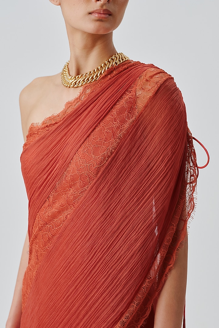 Salmon Orange Chiffon & Modal Satin One-Shoulder Party Wear Dress by Aroka at Pernia's Pop Up Shop