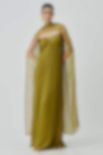 Chartreuse Green Chiffon & Modal Satin Strapless Engagement Gown With Scarf by Aroka at Pernia's Pop Up Shop