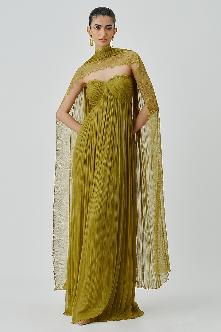 Chartreuse Green Chiffon & Modal Satin Strapless Engagement Gown With Scarf by Aroka at Pernia's Pop Up Shop