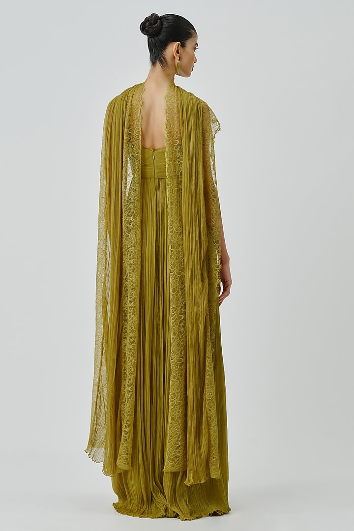 Chartreuse Green Chiffon & Modal Satin Strapless Engagement Gown With Scarf by Aroka at Pernia's Pop Up Shop