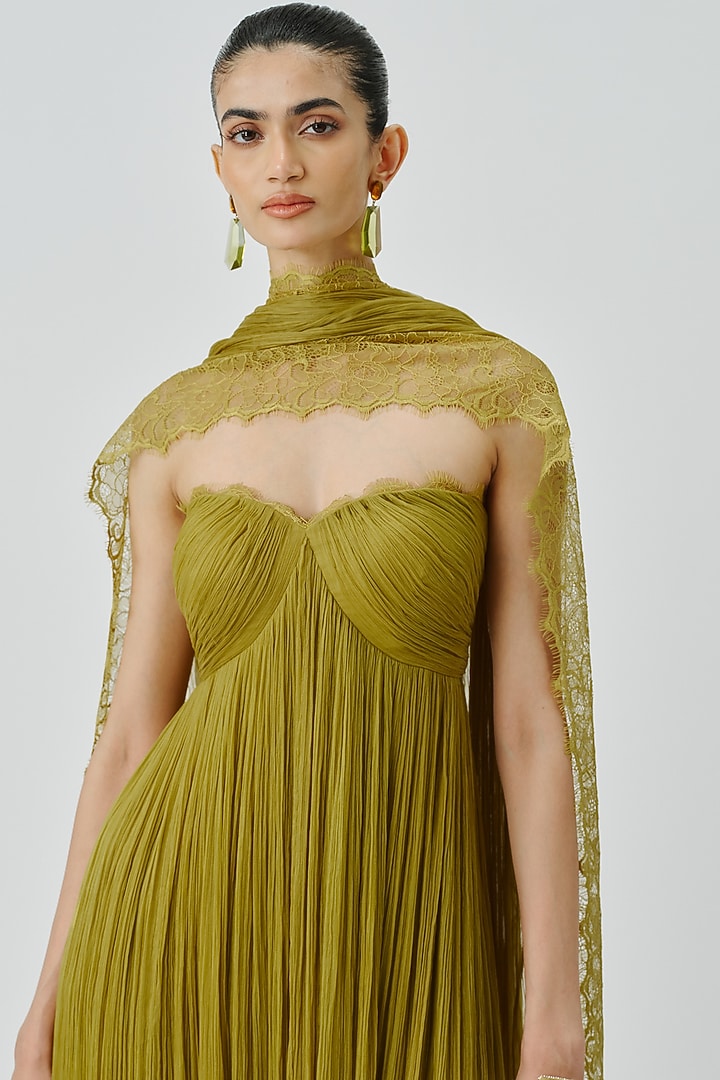 Chartreuse Green Chiffon & Modal Satin Strapless Engagement Gown With Scarf by Aroka at Pernia's Pop Up Shop