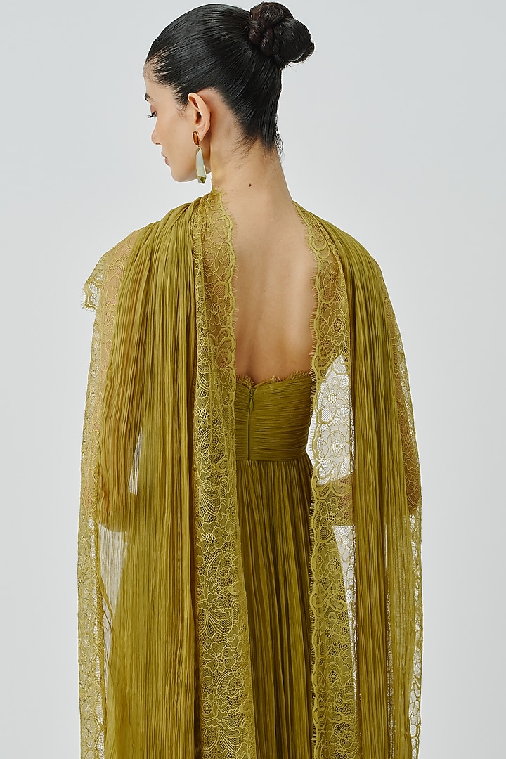 Chartreuse Green Chiffon & Modal Satin Strapless Engagement Gown With Scarf by Aroka at Pernia's Pop Up Shop