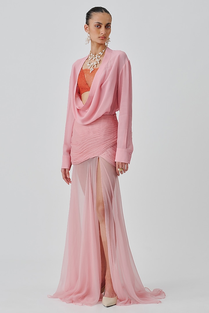 Soft Pink Chiffon Ruched Skirt by Aroka at Pernia's Pop Up Shop