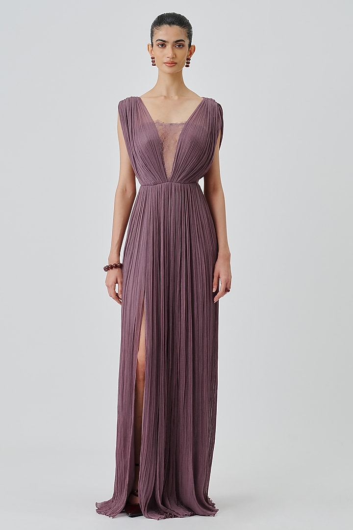Vintage Plum Chiffon & Modal Satin Party Wear Dress by Aroka at Pernia's Pop Up Shop