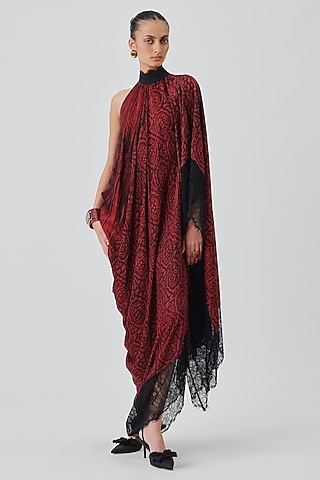 Crimson Modal Satin Handblock Printed Dress by Aroka