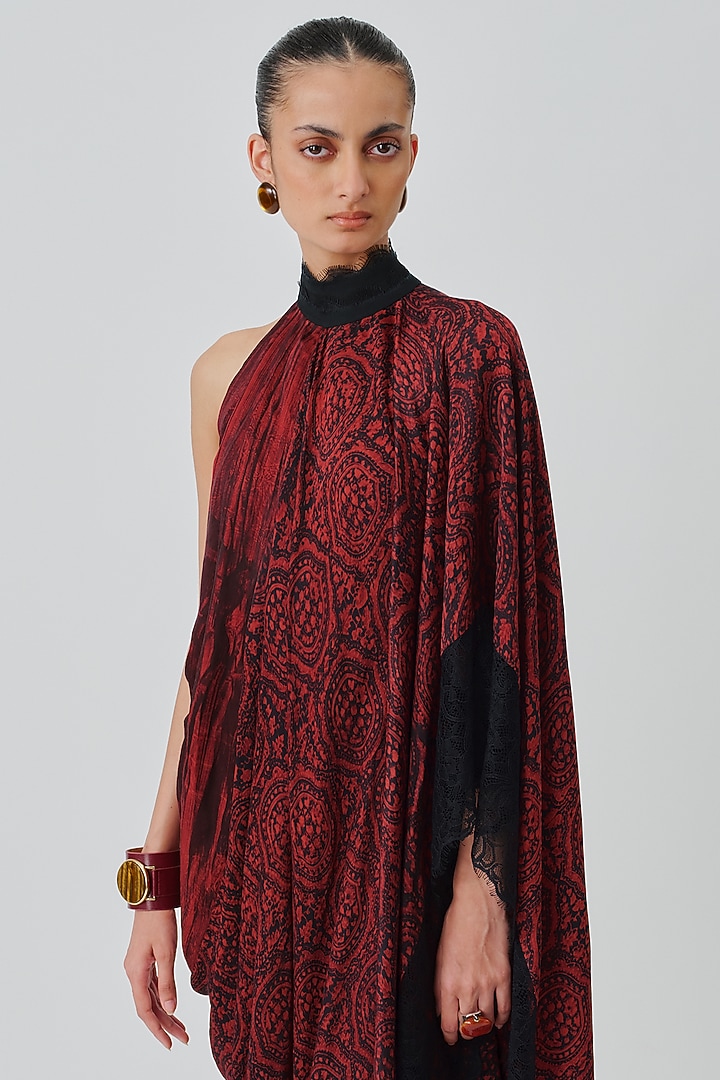 Crimson Modal Satin Handblock Printed Cocktail Dress by Aroka at Pernia's Pop Up Shop