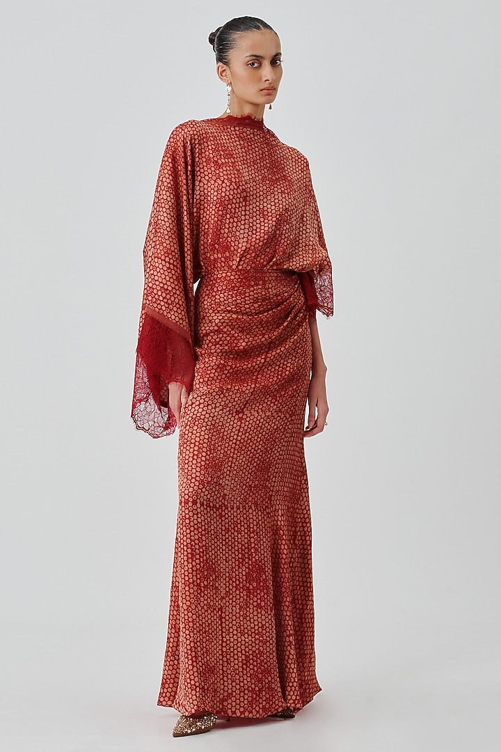 Burnt Orange Modal Satin Handblock Printed Vacation Dress by Aroka at Pernia's Pop Up Shop