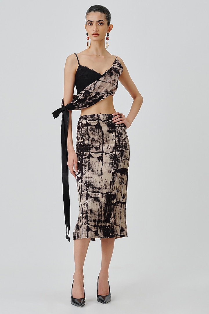Black Modal Satin Handblock Printed Skirt by Aroka at Pernia's Pop Up Shop