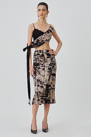 Black Modal Satin Handblock Printed Skirt by Aroka
