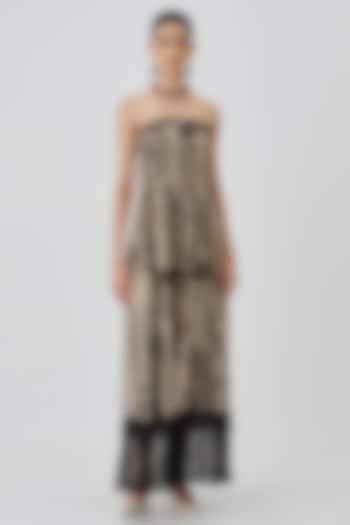 Warm Beige Mul Mul Handblock Printed Strapless Cocktail Dress by Aroka at Pernia's Pop Up Shop