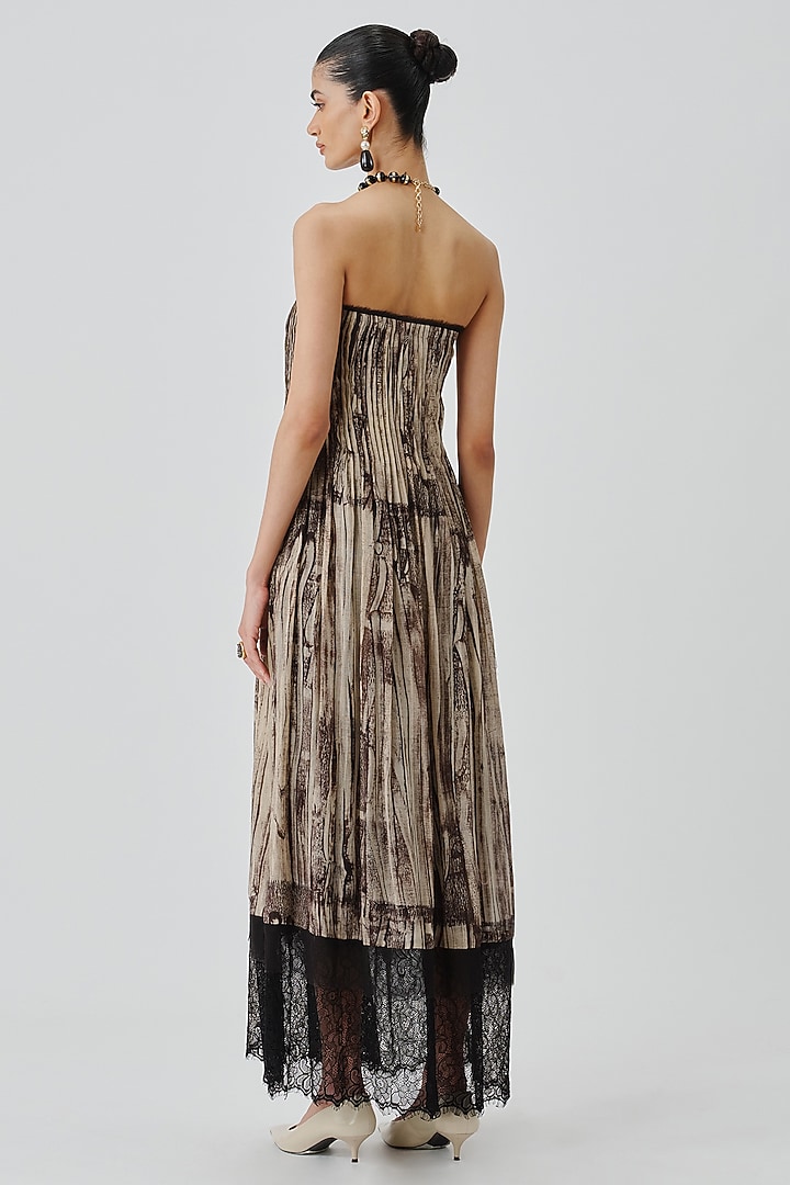 Warm Beige Mul Mul Handblock Printed Strapless Cocktail Dress by Aroka at Pernia's Pop Up Shop