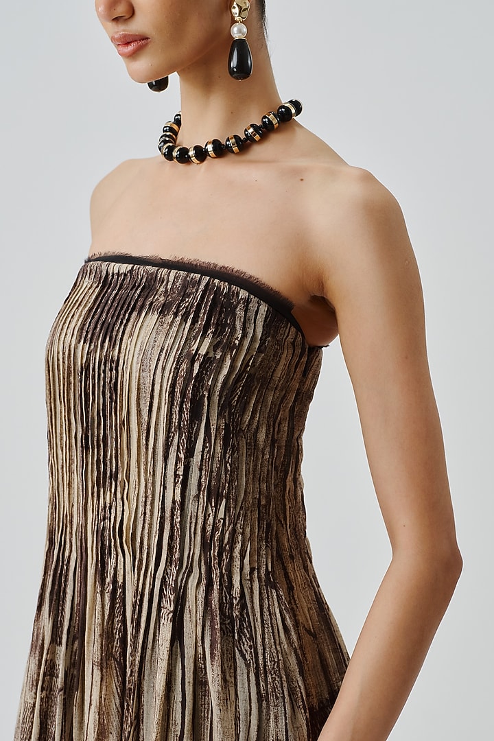 Warm Beige Mul Mul Handblock Printed Strapless Cocktail Dress by Aroka at Pernia's Pop Up Shop