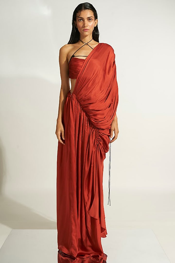 Deep Rust Modal Satin Asymmetrical Draped Party Wear Gown With Top by Aroka at Pernia's Pop Up Shop