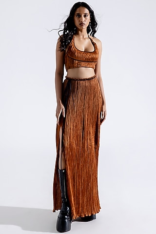 Bronze Modal Satin Ruched Maxi Skirt Set by Aroka