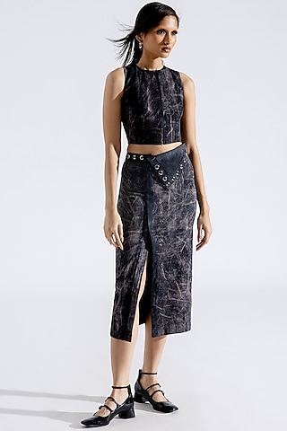 Steel Grey Denim Midi Flap Skirt Set by Aroka