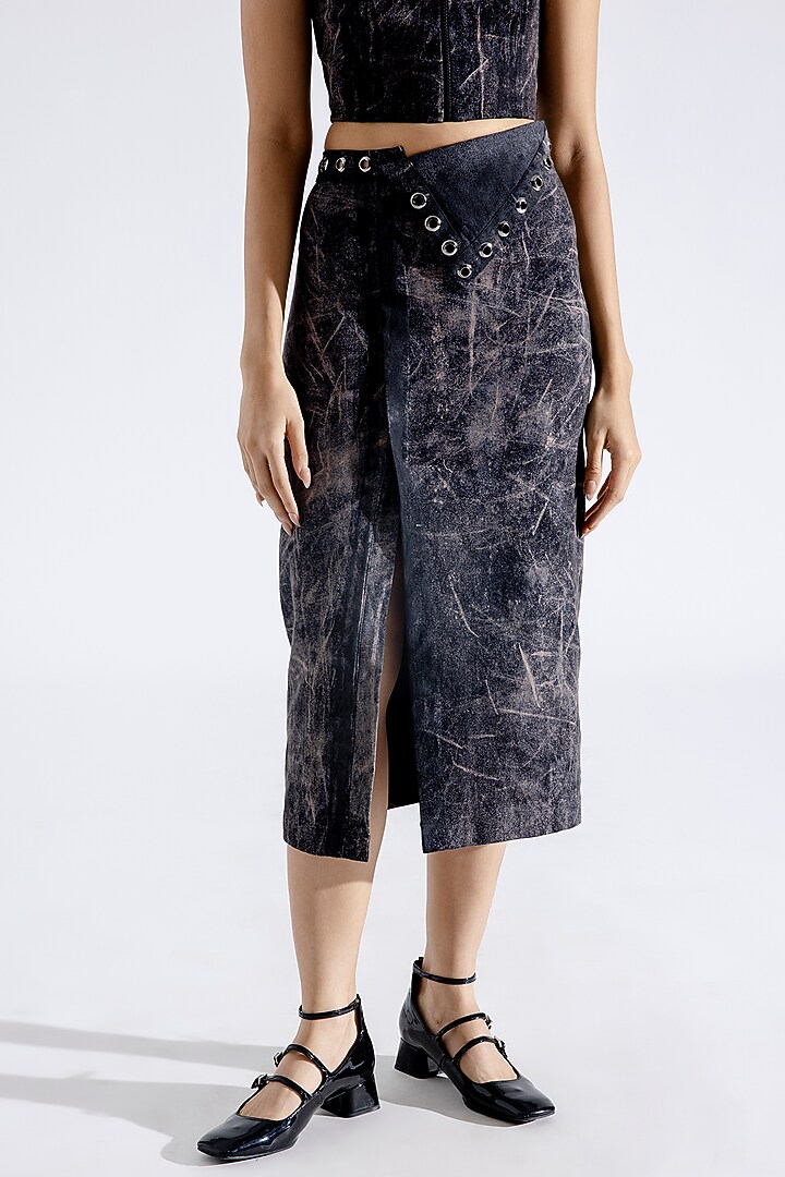 Steel Grey Denim Midi Flap Skirt Set by Aroka at Pernia's Pop Up Shop