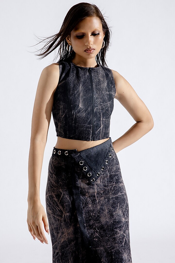 Steel Grey Denim Midi Flap Skirt Set by Aroka at Pernia's Pop Up Shop