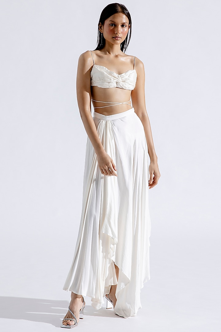 White Modal Satin Asymmetric Flared Skirt Set by Aroka at Pernia's Pop Up Shop