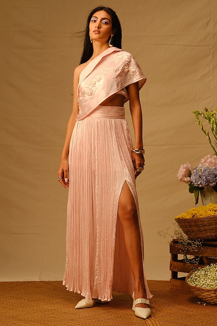 Baby Pink Modal Satin Ruched Skirt Set by Aroka at Pernia's Pop Up Shop