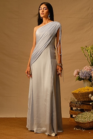 Powder Blue Modal Satin Ruched Saree Dress by Aroka