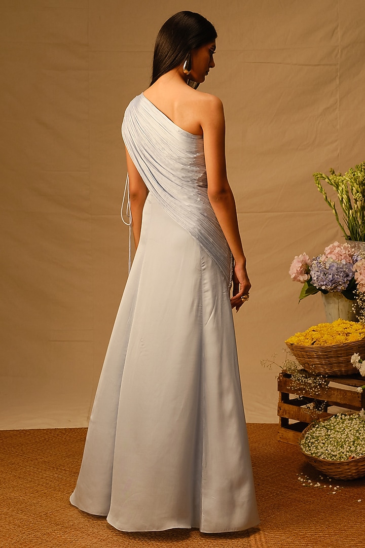 Powder Blue Modal Satin Ruched Saree Vacation Dress by Aroka at Pernia's Pop Up Shop