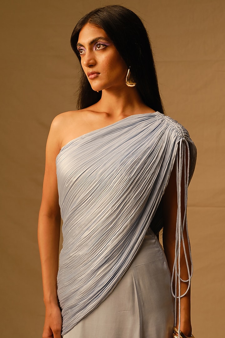 Powder Blue Modal Satin Ruched Saree Vacation Dress by Aroka at Pernia's Pop Up Shop