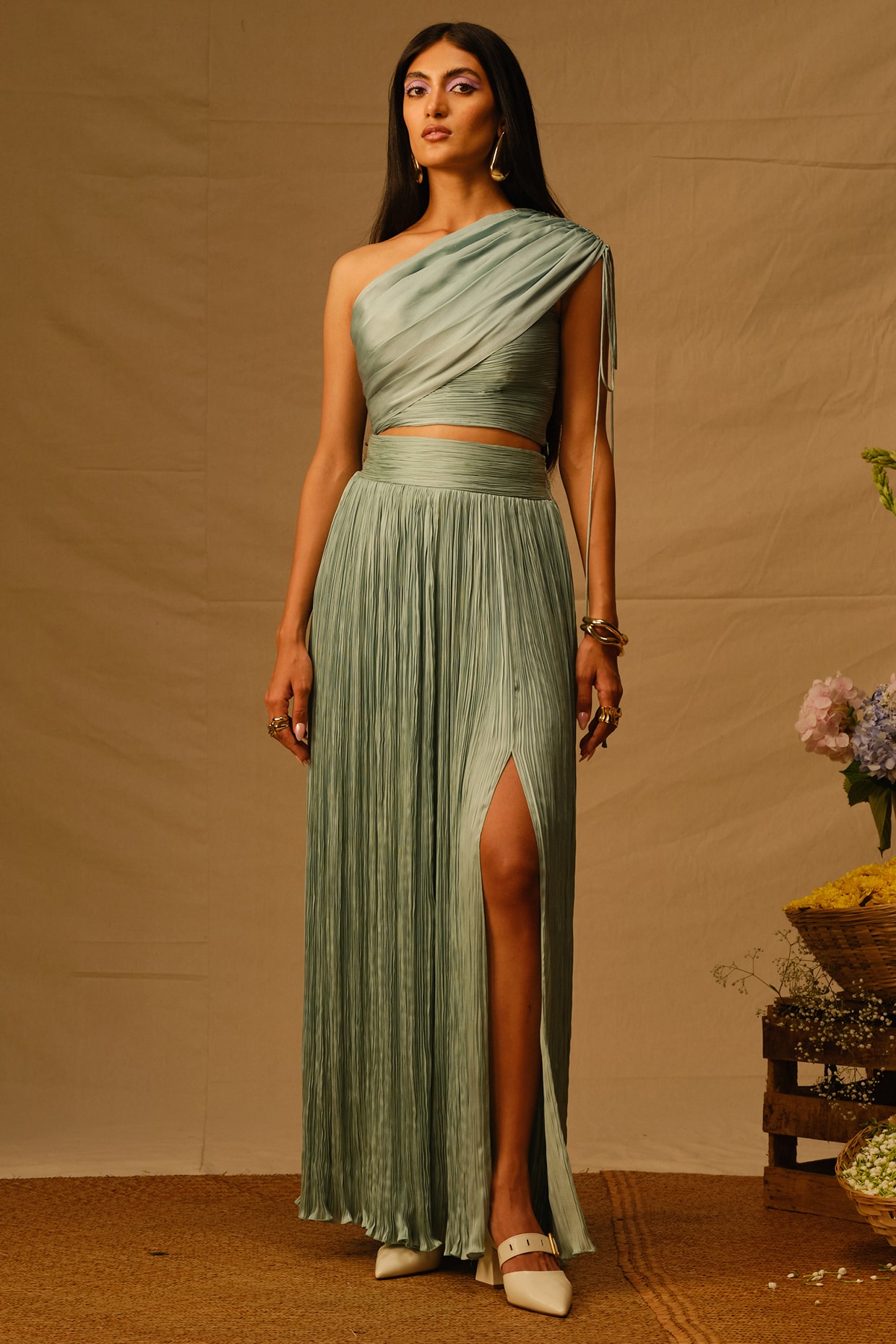 Duck Egg Blue Modal Satin Ruched Skirt Set Design by Aroka at Pernia's Pop  Up Shop 2024