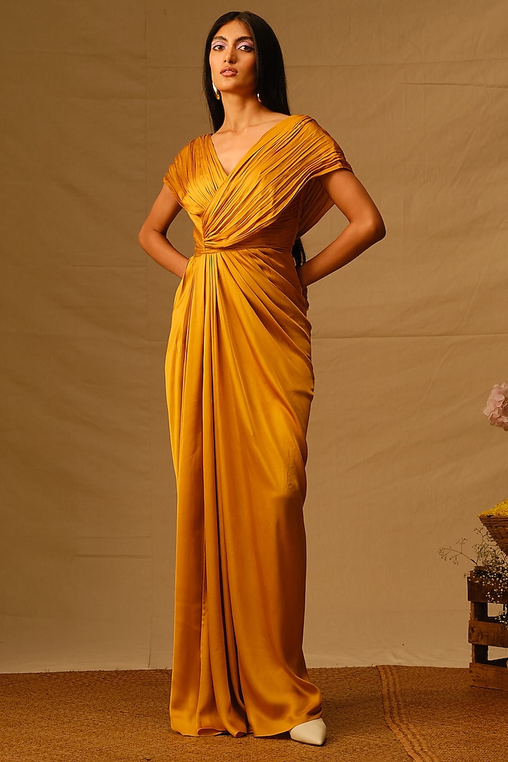 Mustard Modal Satin Draped Gown by Aroka at Pernia's Pop Up Shop