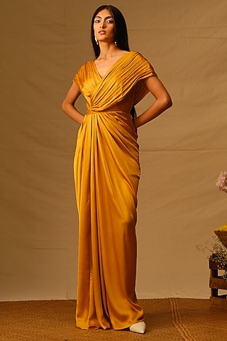 Mustard Modal Satin Draped Gown by Aroka
