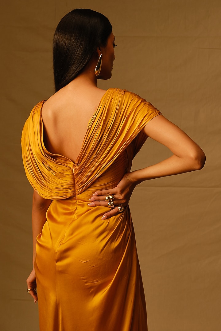 Mustard Modal Satin Draped Engagement Gown by Aroka at Pernia's Pop Up Shop