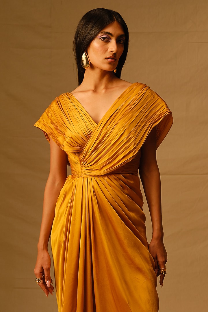 Mustard Modal Satin Draped Engagement Gown by Aroka at Pernia's Pop Up Shop