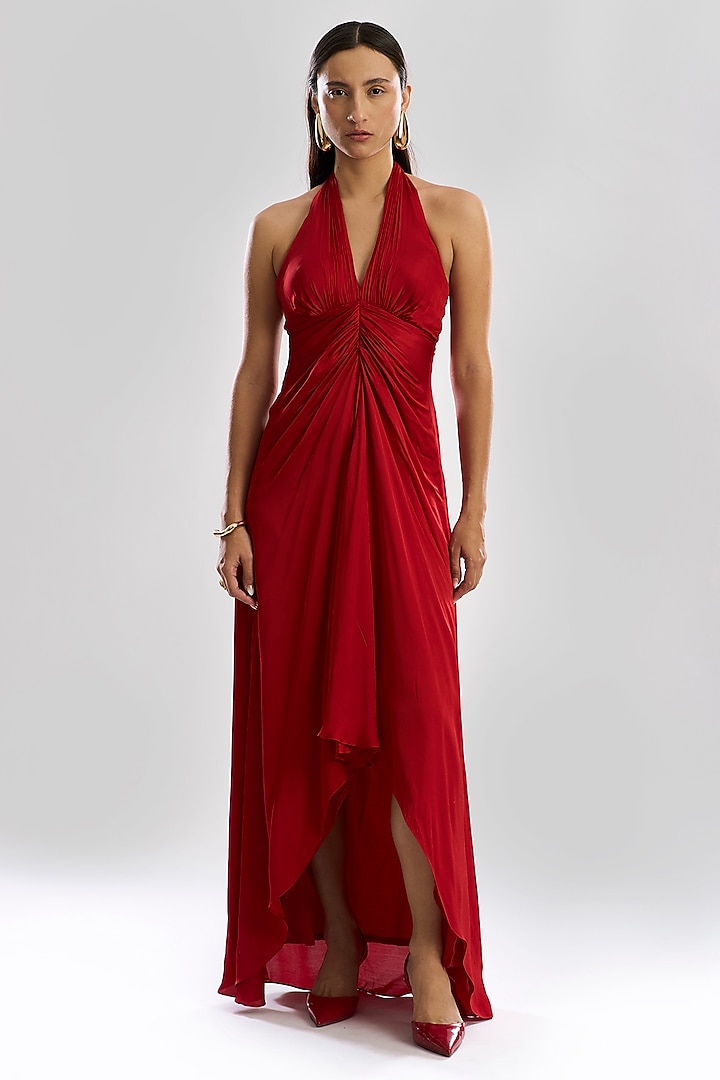 Red Modal Satin Halter Vacation Dress by Aroka at Pernia's Pop Up Shop