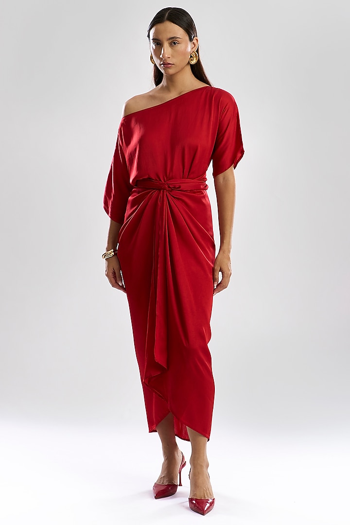 Red Modal Satin Midi Summer Dress by Aroka at Pernia's Pop Up Shop