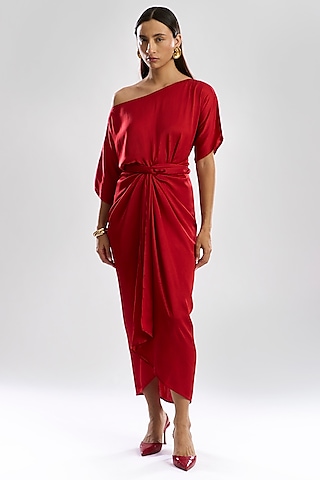 Red Modal Satin Midi Dress by Aroka