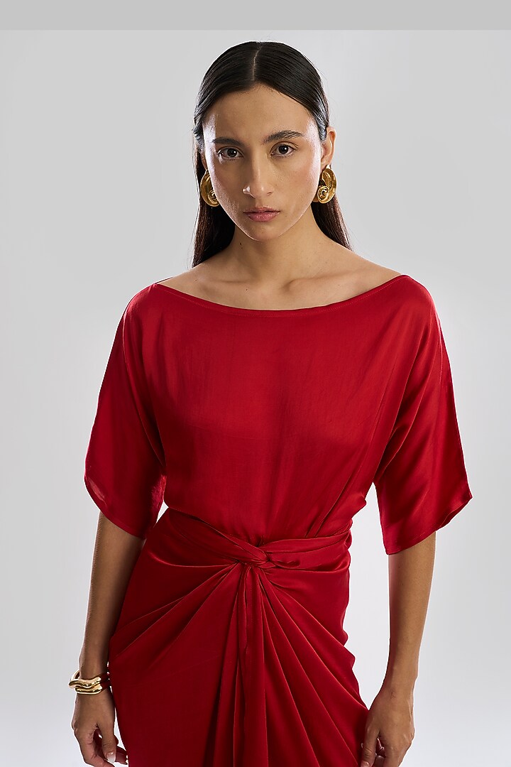 Red Modal Satin Midi Summer Dress by Aroka at Pernia's Pop Up Shop