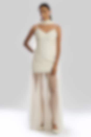 Ivory Soft Satin & Chiffon Vacation Dress With Scarf by Aroka at Pernia's Pop Up Shop