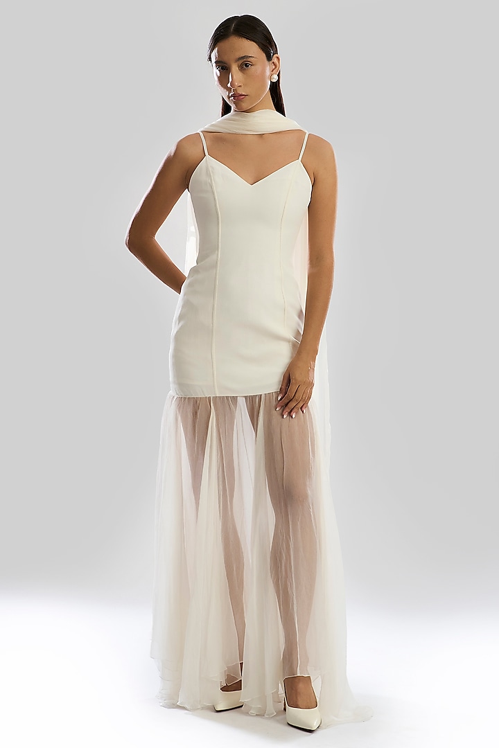 Ivory Soft Satin & Chiffon Vacation Dress With Scarf by Aroka at Pernia's Pop Up Shop