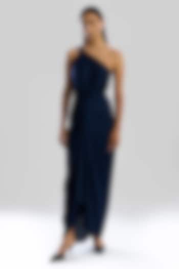 Navy Blue Modal Satin One-Shoulder Draped Summer Dress by Aroka at Pernia's Pop Up Shop