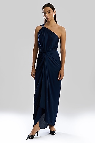 Navy Blue Modal Satin One-Shoulder Draped Dress by Aroka