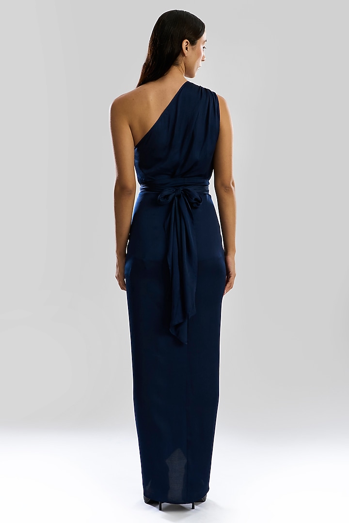 Navy Blue Modal Satin One-Shoulder Draped Vacation Dress by Aroka at Pernia's Pop Up Shop