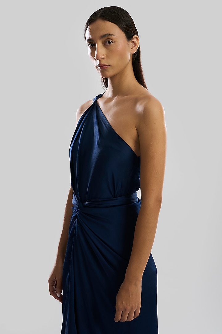 Navy Blue Modal Satin One-Shoulder Draped Vacation Dress by Aroka at Pernia's Pop Up Shop