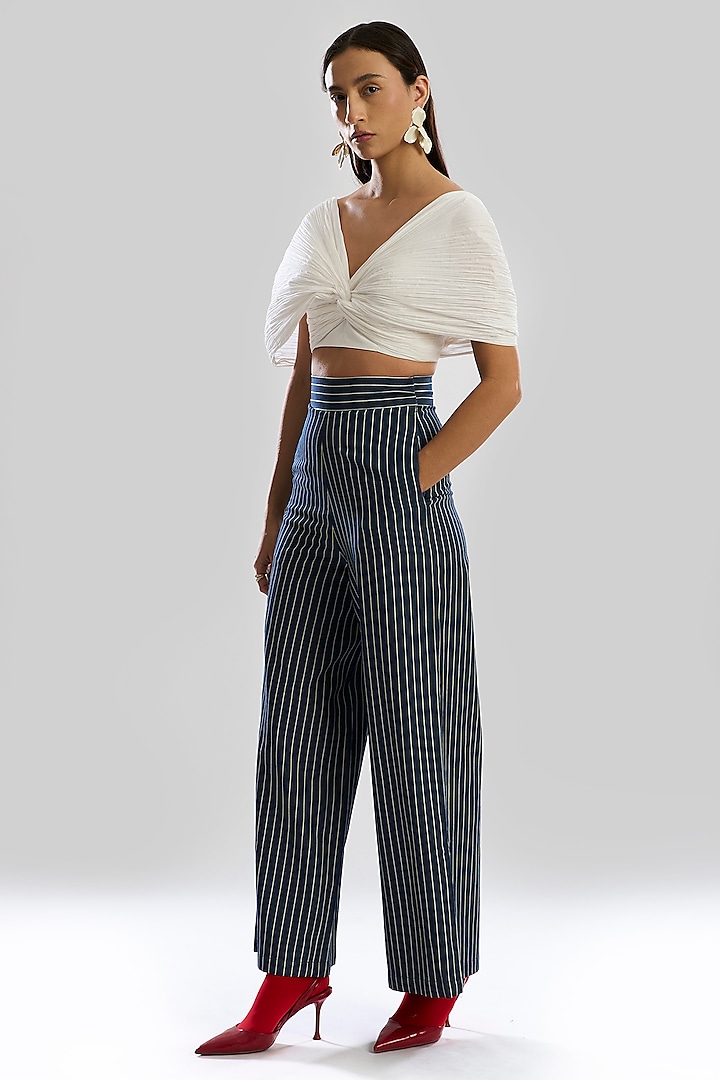 Indigo Denim Blue Soft Cotton Blend Striped Pant Set by Aroka at Pernia's Pop Up Shop