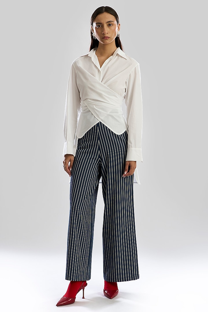 Indigo Denim Blue Soft Cotton Blend Striped Pant Set by Aroka at Pernia's Pop Up Shop