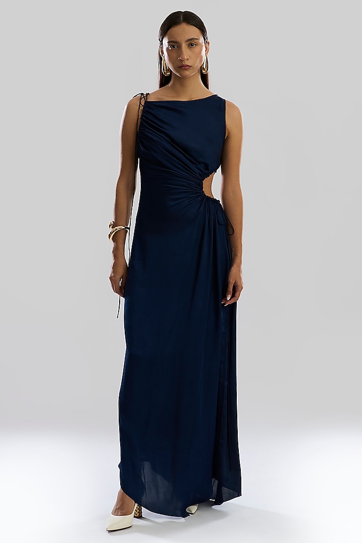 Navy Blue Modal Satin Maxi Summer Dress by Aroka at Pernia's Pop Up Shop