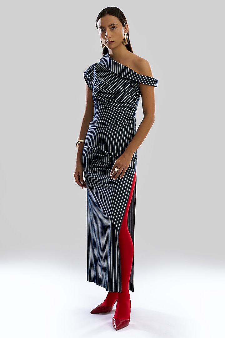 Blue Denim One-Shoulder Striped Summer Dress by Aroka at Pernia's Pop Up Shop