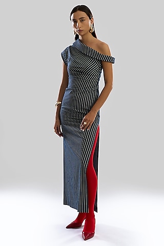 Blue Denim One-Shoulder Striped Dress by Aroka