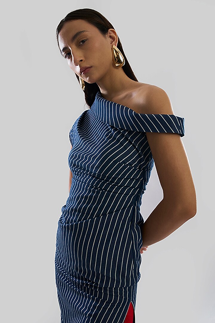 Blue Denim One-Shoulder Striped Summer Dress by Aroka at Pernia's Pop Up Shop