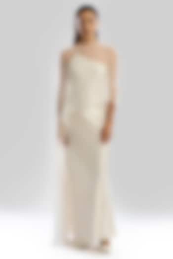 Ivory Mashru Silk One-Shoulder Gown With Overlay by Aroka at Pernia's Pop Up Shop