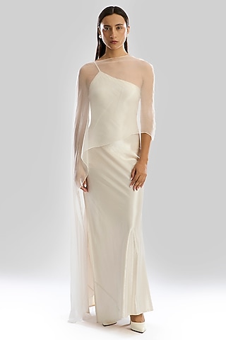 Ivory Mashru Silk One-Shoulder Gown With Overlay by Aroka