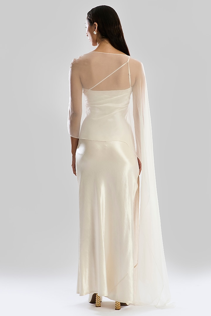 Ivory Mashru Silk One-Shoulder Gown With Overlay by Aroka at Pernia's Pop Up Shop